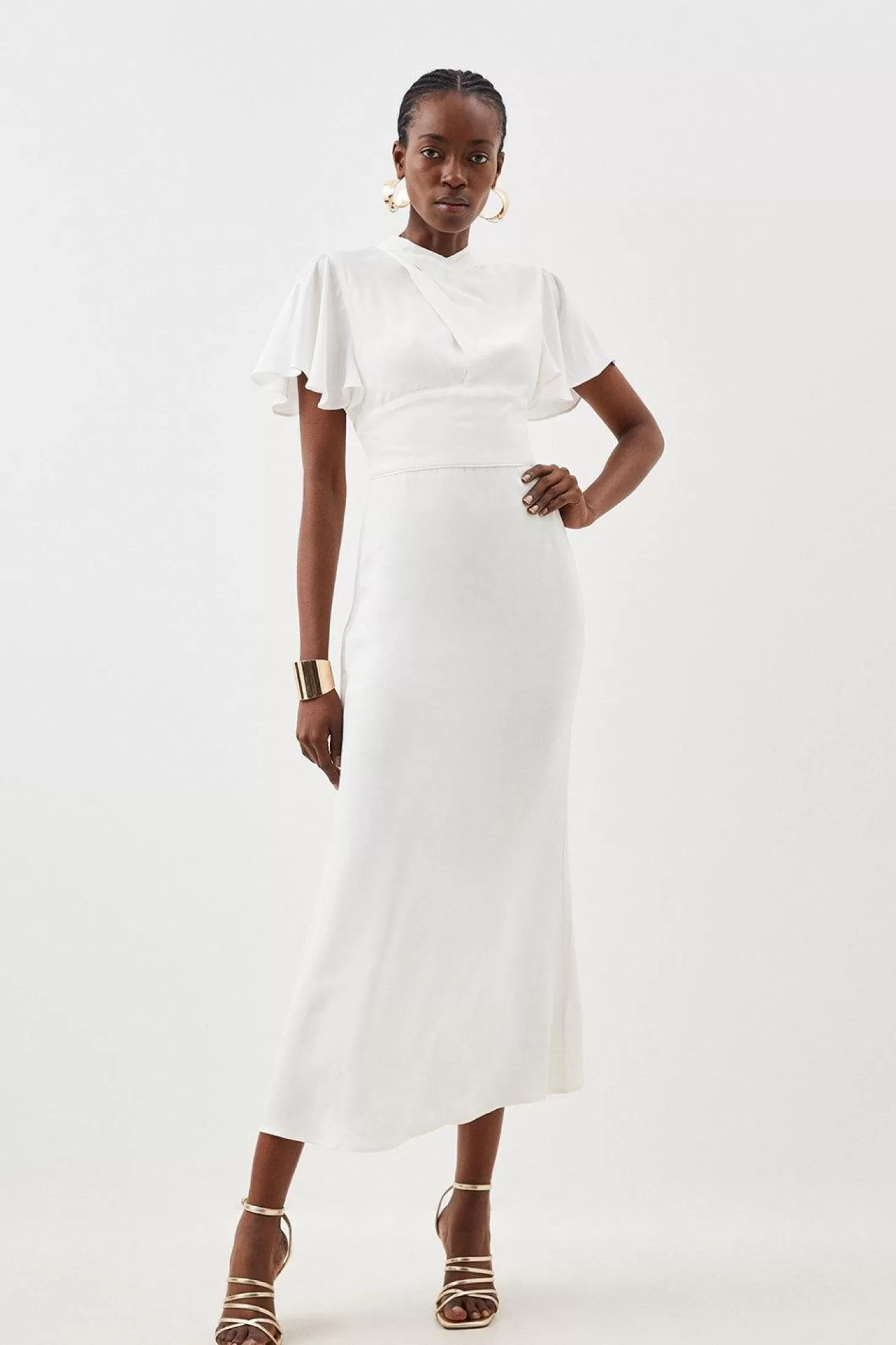 Karen Millen Viscose Satin Angel Sleeve Woven Midi Dress