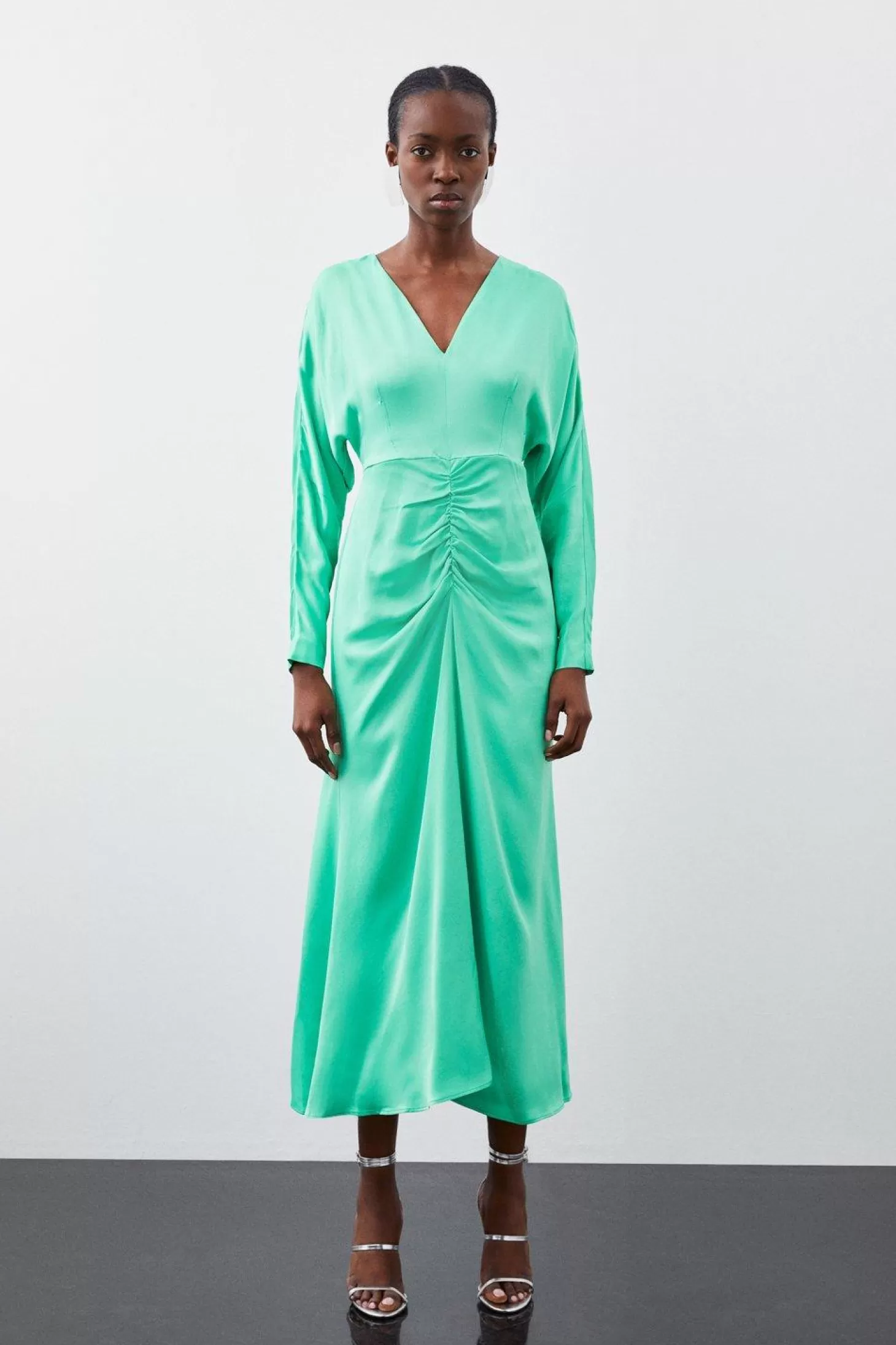 Karen Millen Viscose Satin Batwing Long Sleeve Midi Dress