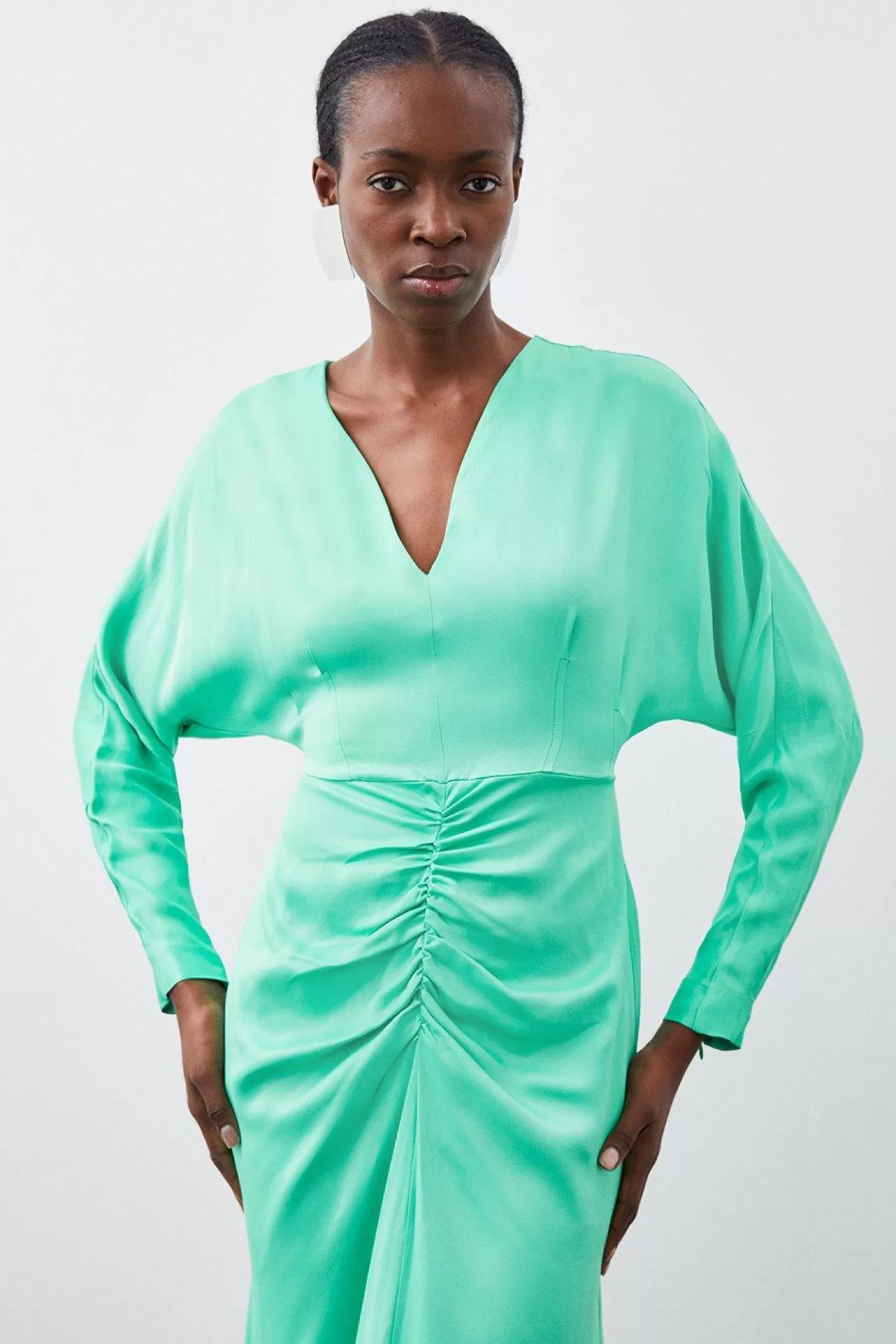 Karen Millen Viscose Satin Batwing Long Sleeve Midi Dress