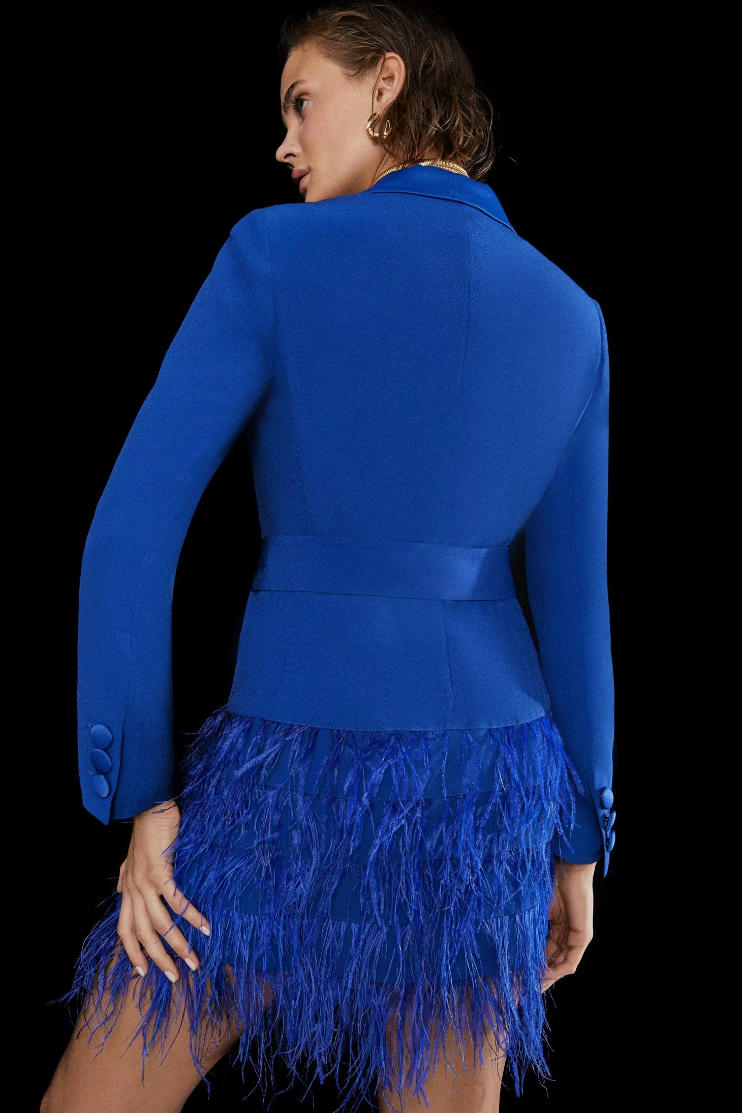 Karen Millen Viscose Satin Crepe Feather Hem Tailored Double Breasted Tux Mini Dress