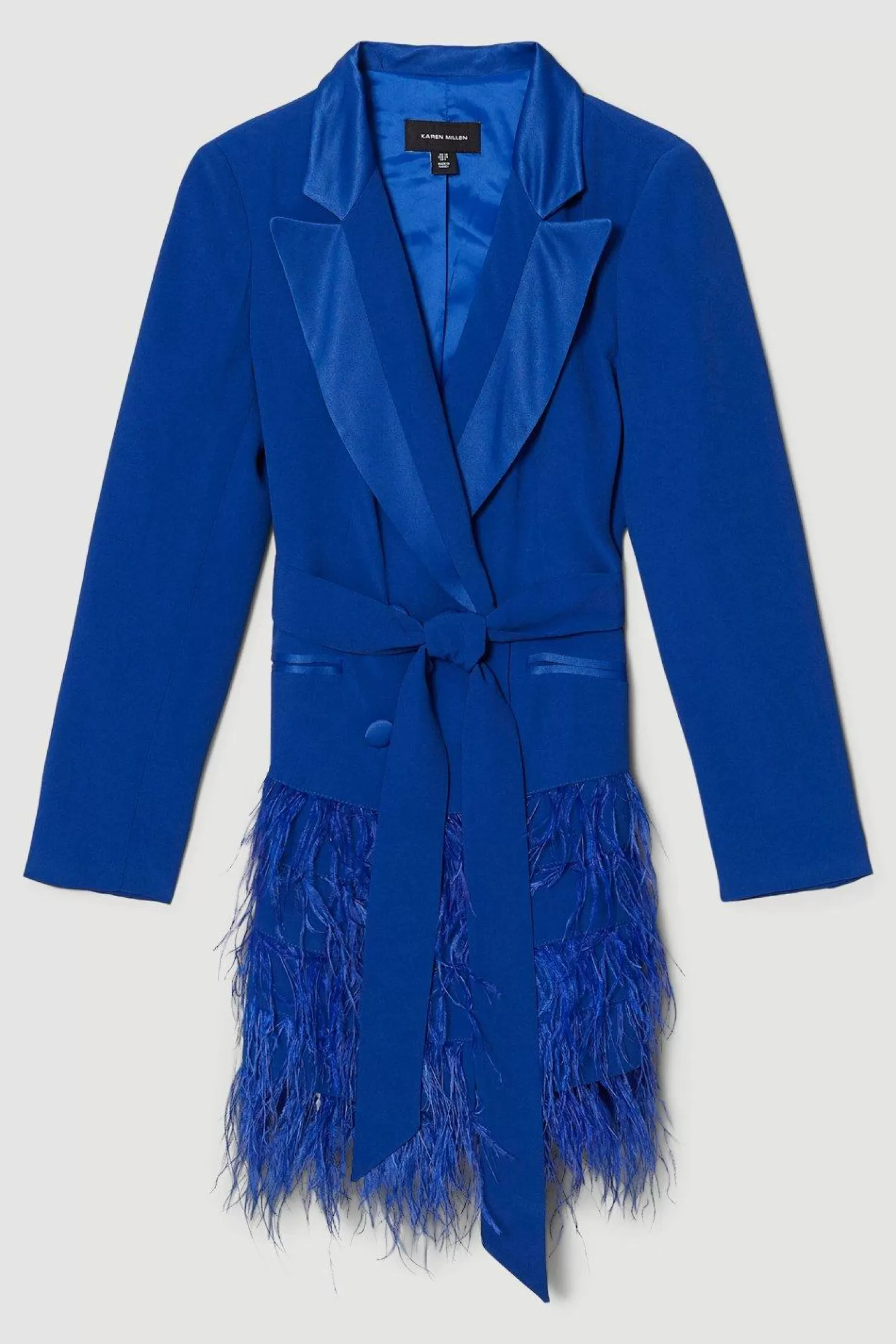 Karen Millen Viscose Satin Crepe Feather Hem Tailored Double Breasted Tux Mini Dress