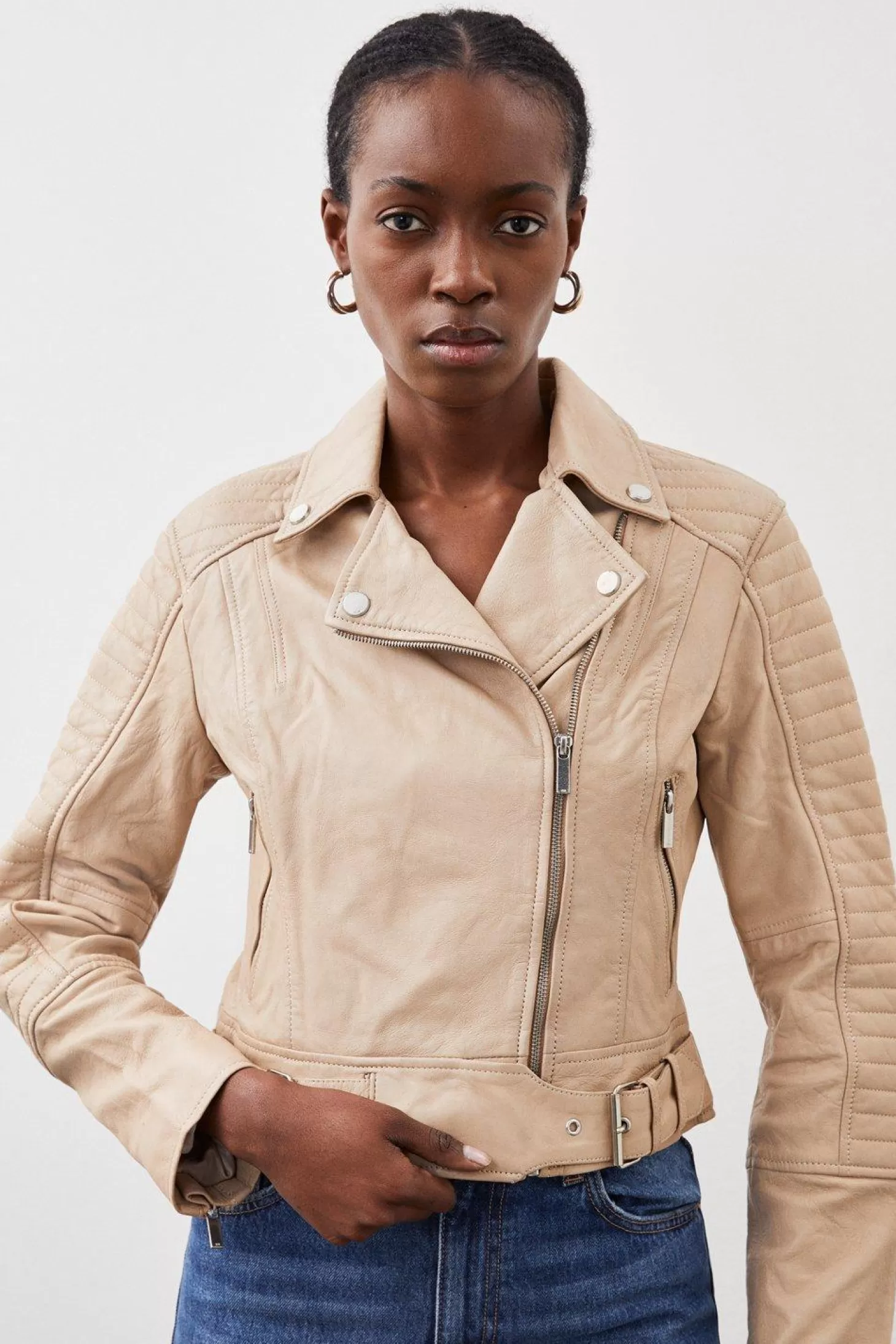 Karen Millen Washed Leather Rib Sleeve Detail Moto Jacket