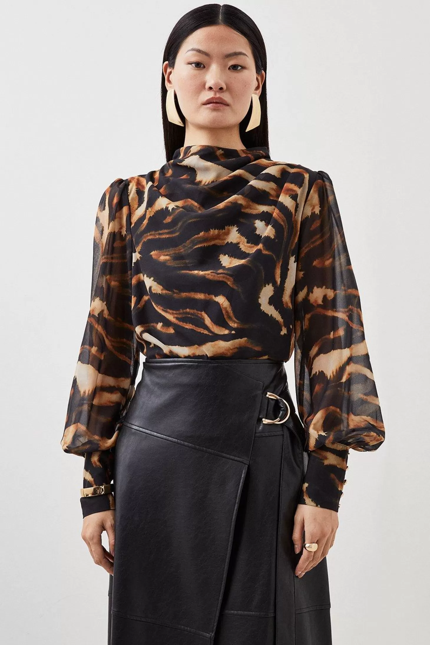 Karen Millen Wild Tiger Print Pleated Georgette Woven Blouse