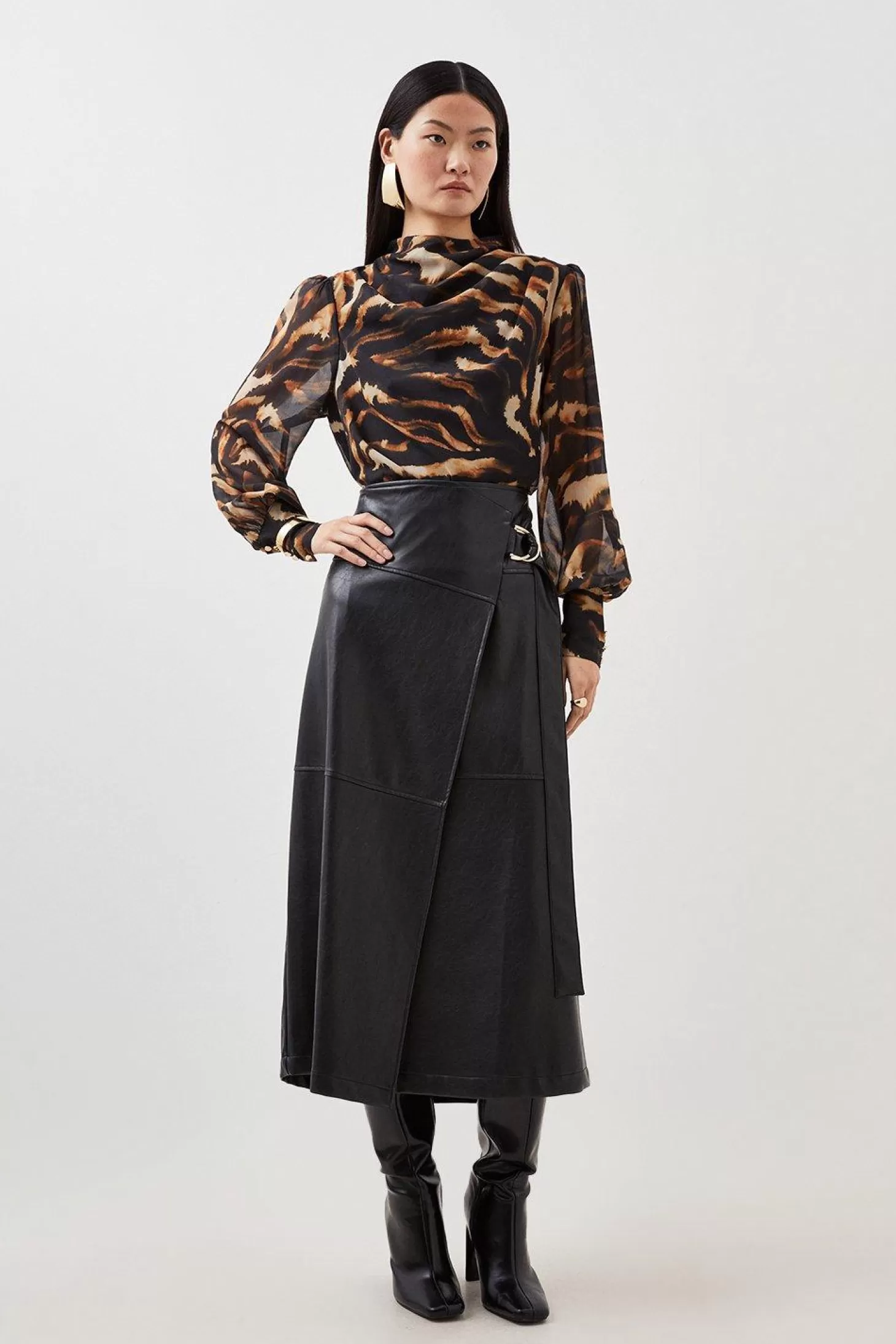 Karen Millen Wild Tiger Print Pleated Georgette Woven Blouse