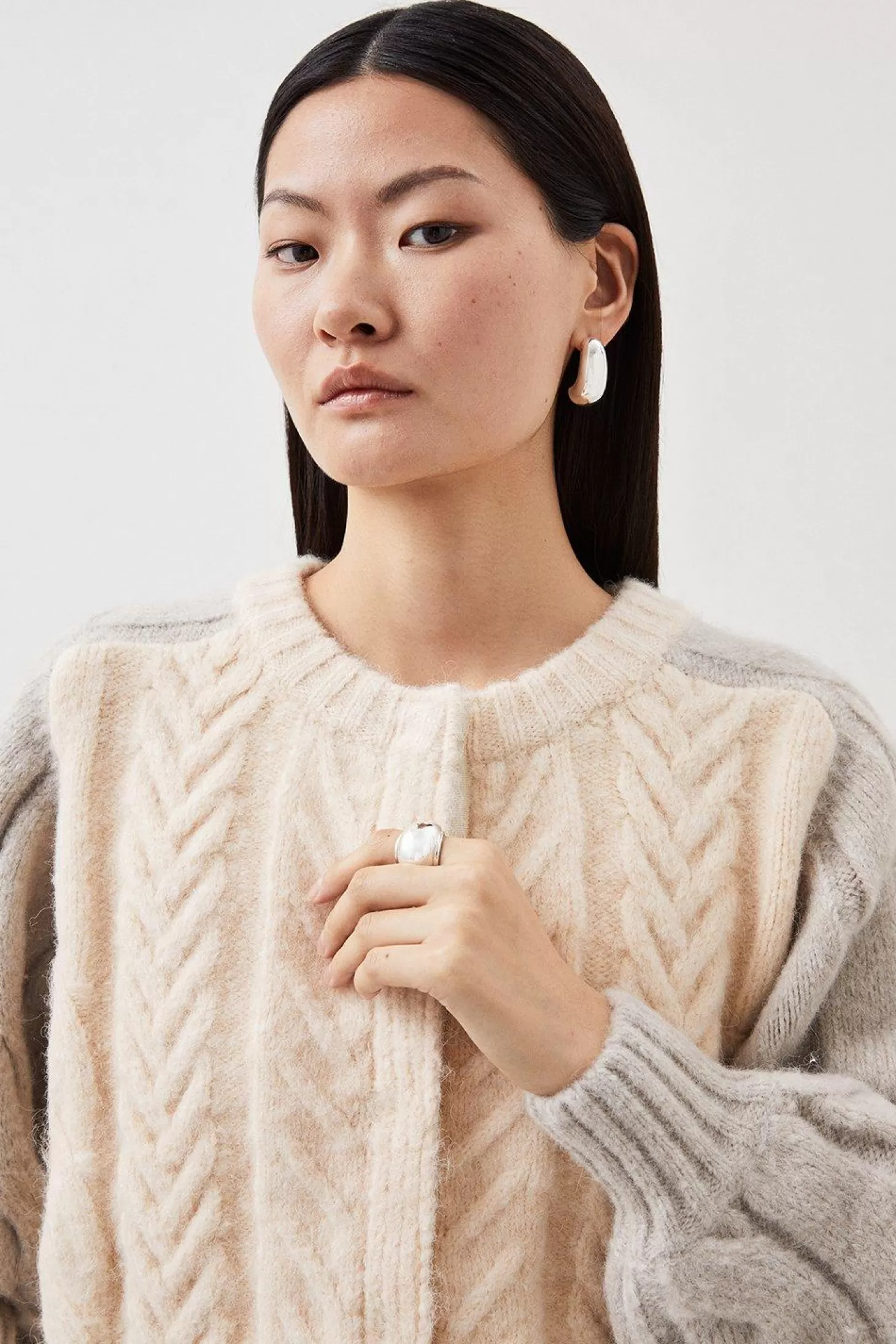 Karen Millen Wool Blend Cable Color Block Cardigan