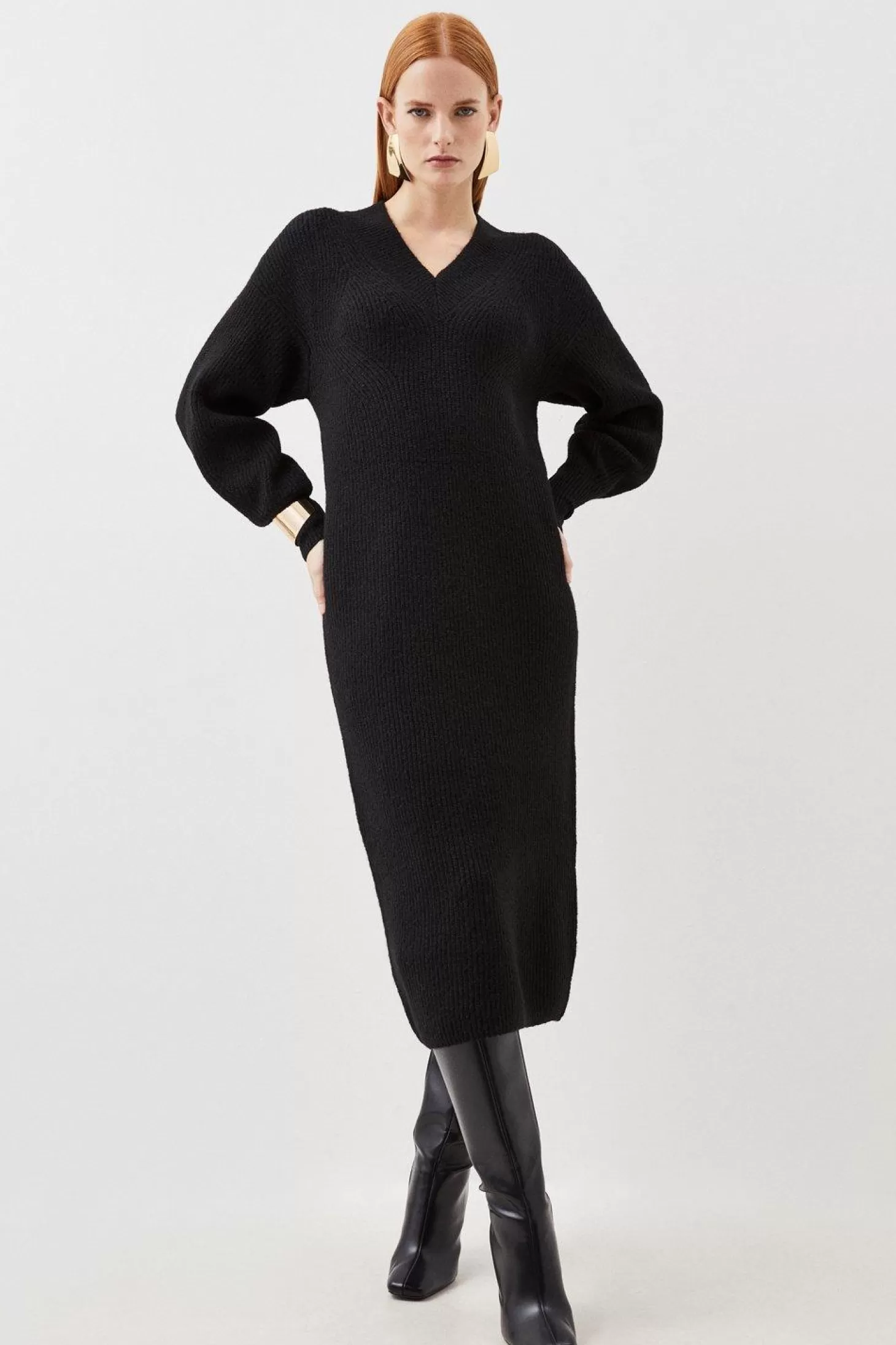 Karen Millen Wool Blend Cosy V Neck Knit Midi Dress