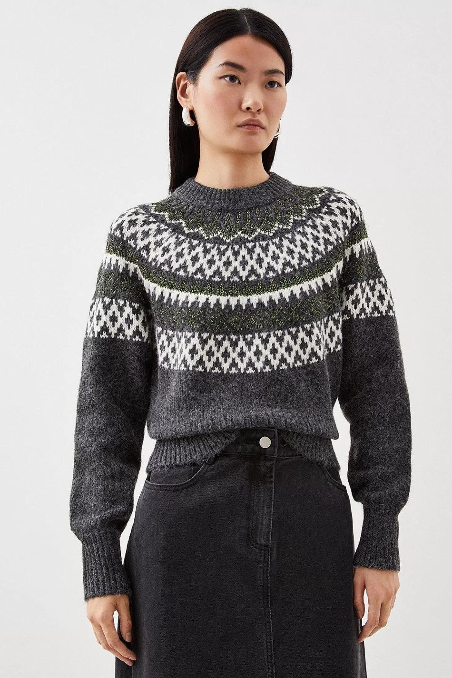 Karen Millen Wool Blend Fair Isle High Neck Knit Sweater