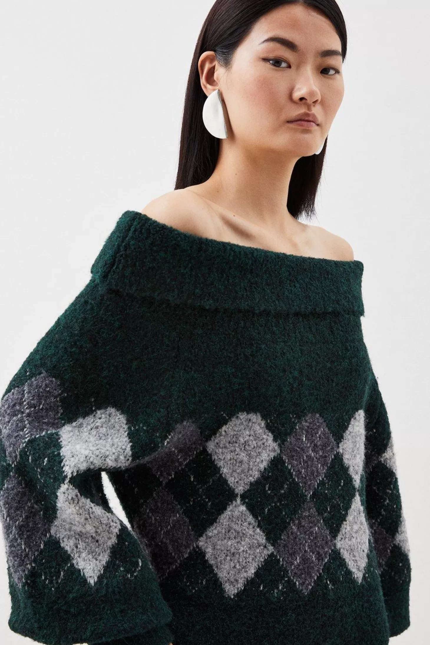 Karen Millen Wool Blend Fair Isle Off The Shoulder Knit Mini Dress