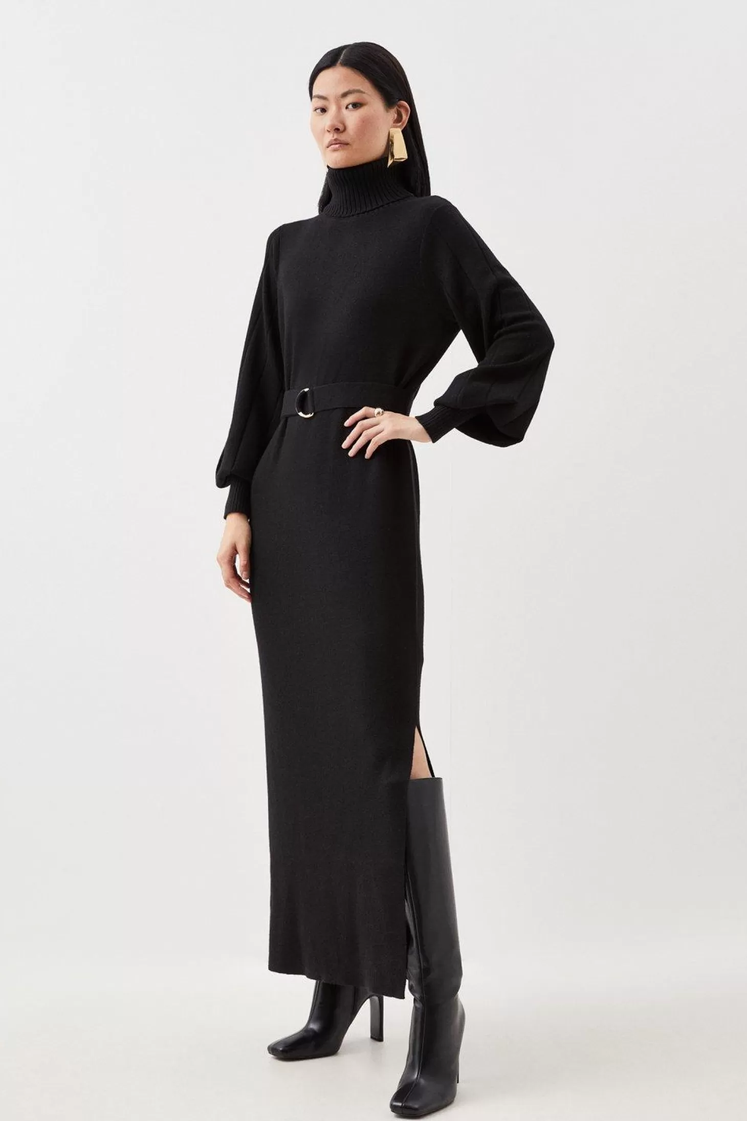 Karen Millen Wool Blend Full Sleeve Belted Funnel Knit Neck Midaxi Dress
