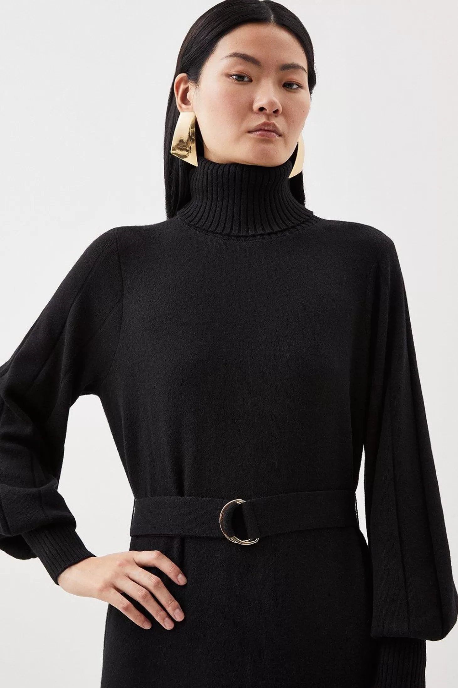 Karen Millen Wool Blend Full Sleeve Belted Funnel Knit Neck Midaxi Dress
