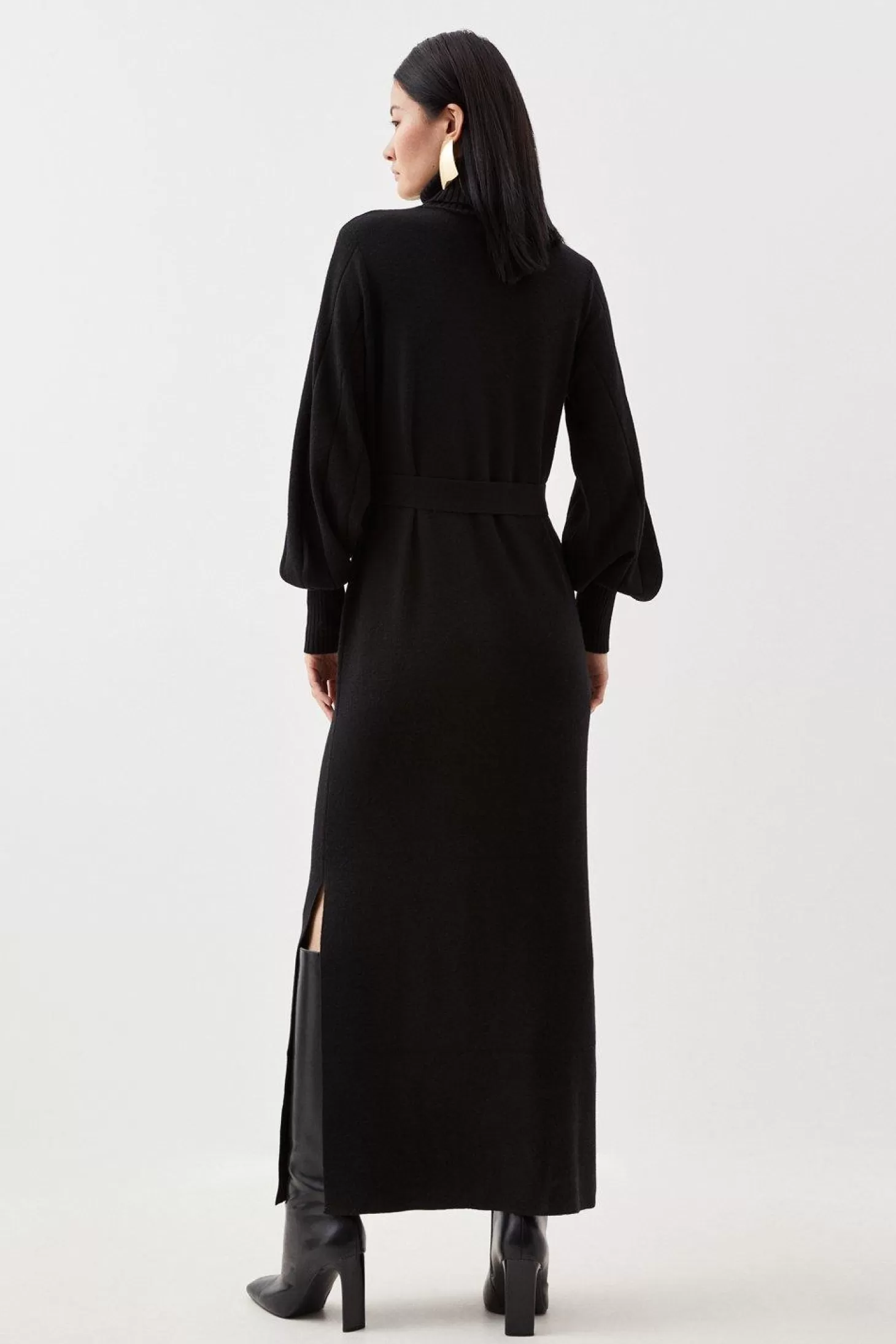 Karen Millen Wool Blend Full Sleeve Belted Funnel Knit Neck Midaxi Dress
