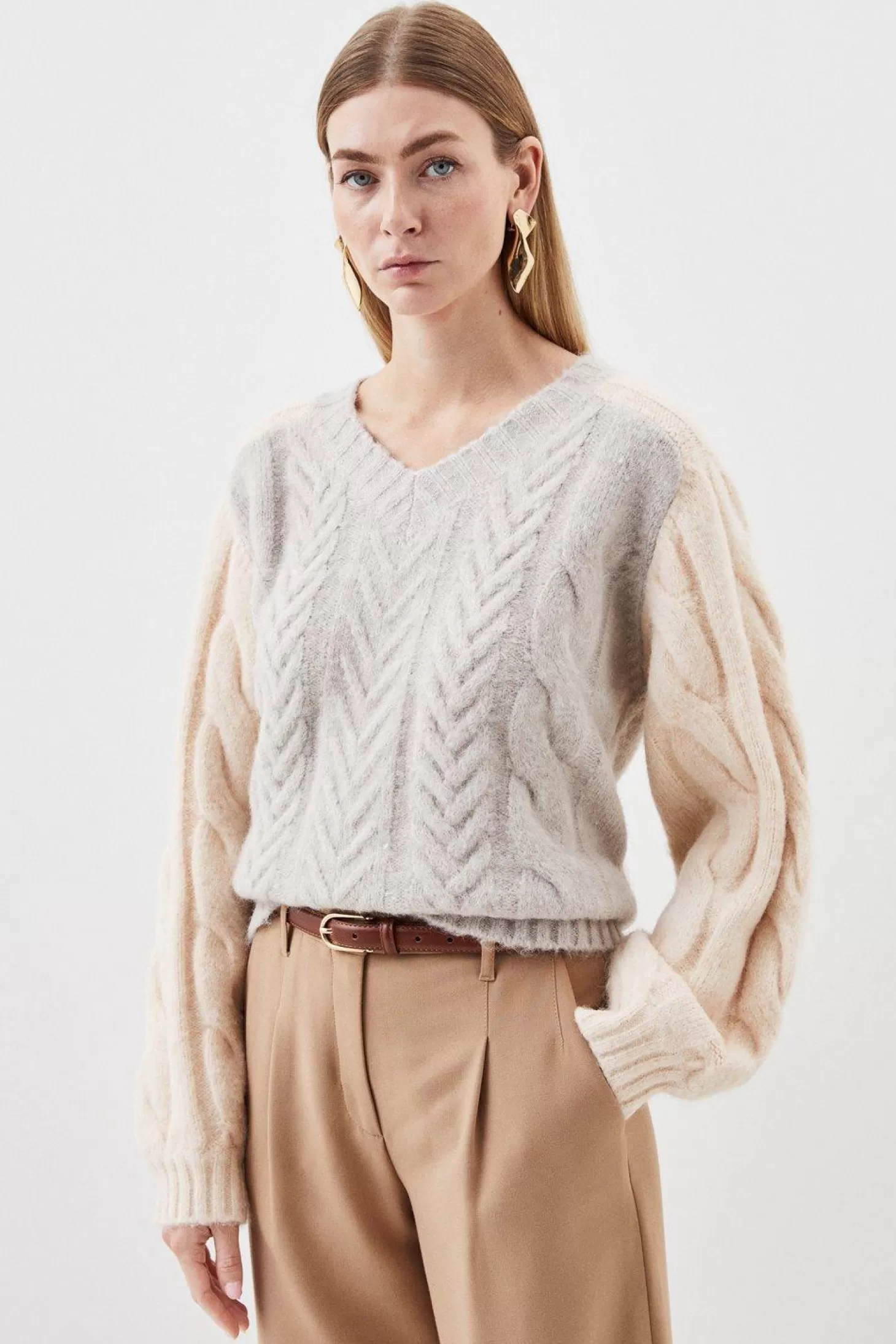 Karen Millen Wool Blend Mohair Look Cable Color Blocked Knit Sweater