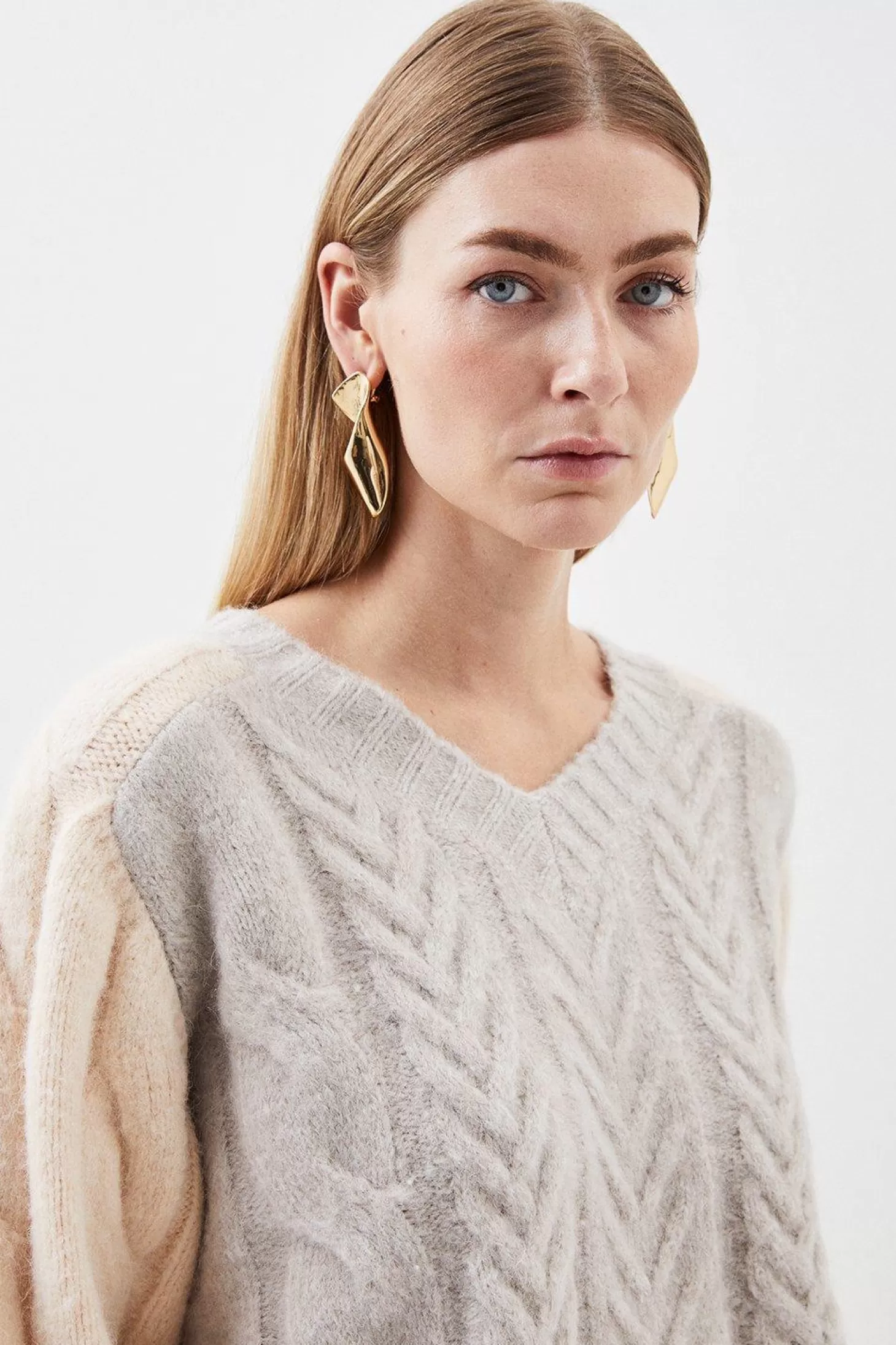 Karen Millen Wool Blend Mohair Look Cable Color Blocked Knit Sweater