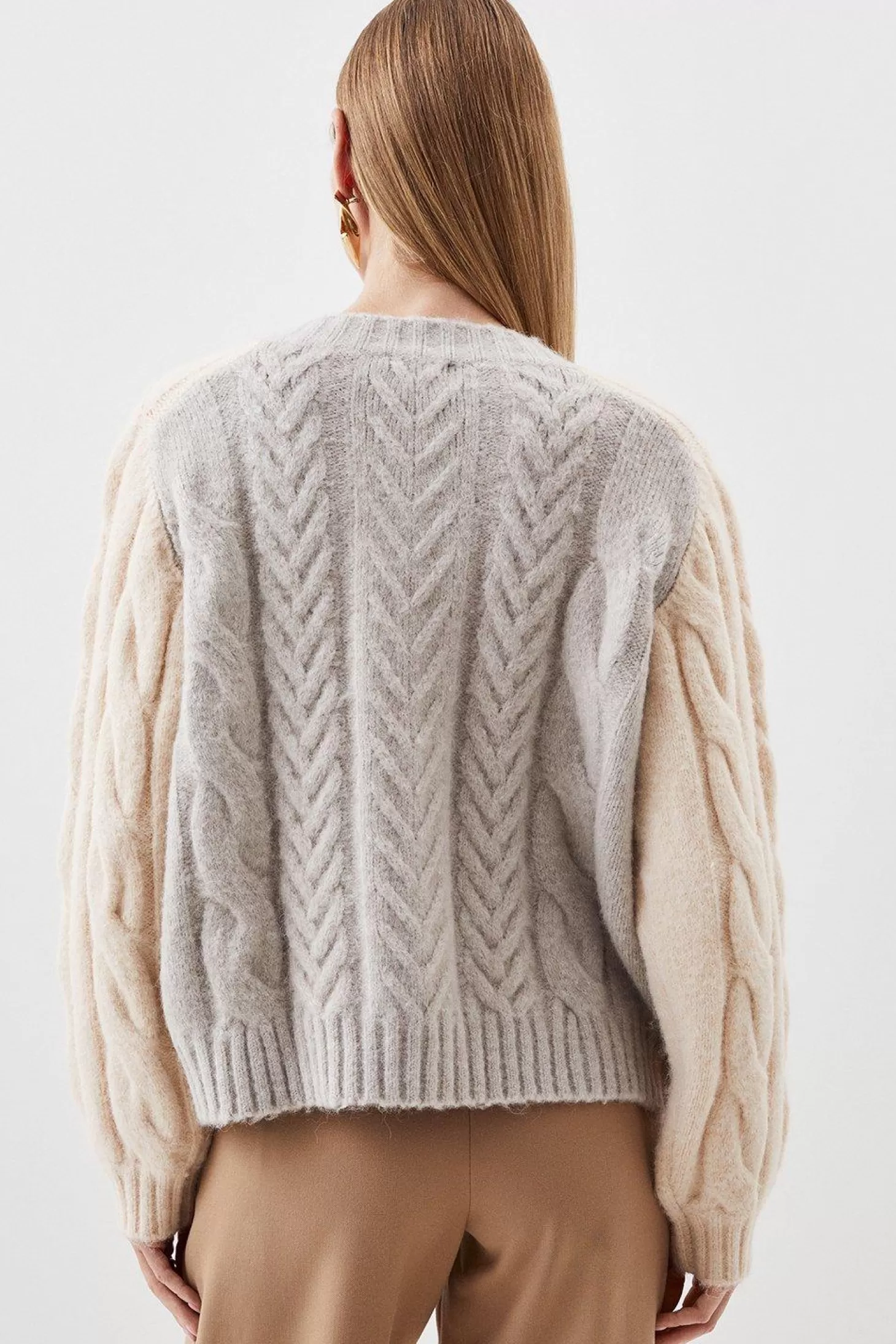 Karen Millen Wool Blend Mohair Look Cable Color Blocked Knit Sweater