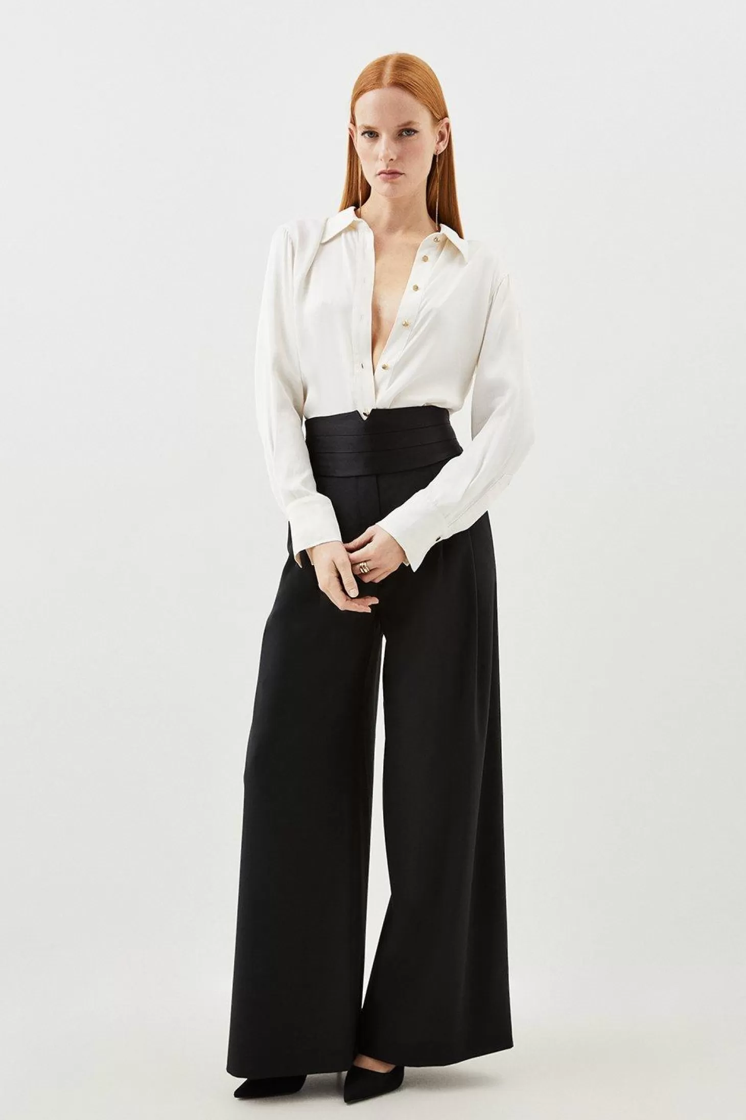 Karen Millen Wool Blend Waistband Detail Wide Leg Dress Pants